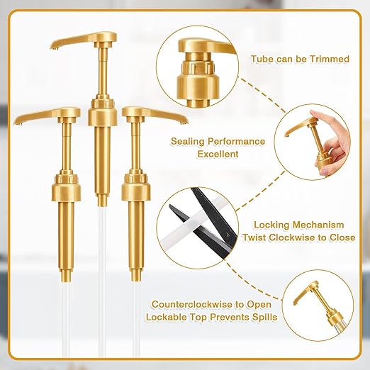 Ferrochef 10 Pcs Coffee Syrup Pumps with Tip Covers, Compatible with Monin 750ml Glass Bottles, 1/4 oz Dispensing Pump for Coffee Bar, Latte, Cocktail, Drink Flavoring(Gold)