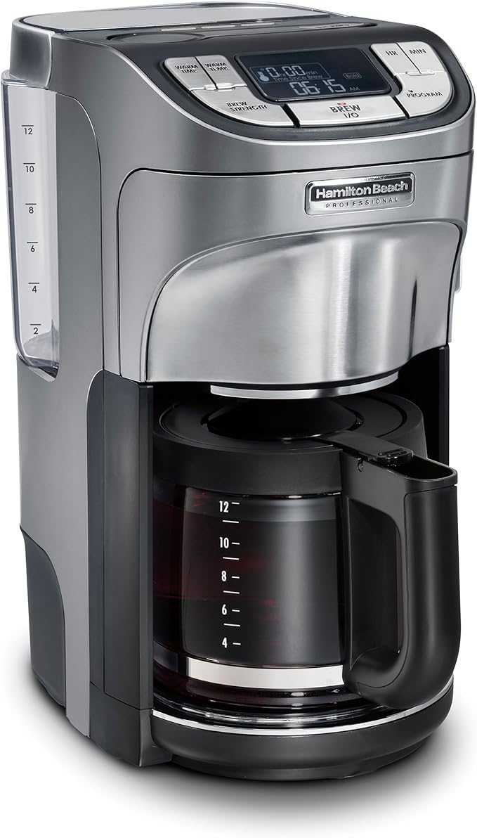 Hamilton Beach Professional Programmable Drip Coffee Maker, 12 Cup Capacity Ergonomic Carafe, 60oz Removable Reservoir,120 volts, Brushed Metal (49500)