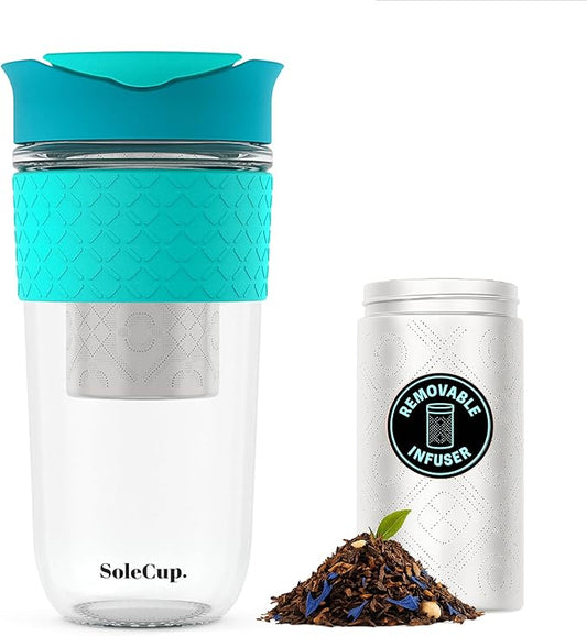 Large Travel Mug Loose Tea Infuser - Detachable Tea Strainer with Spill Proof Lid - 18oz/530ml BPA-Free Reusable Glass Travel Coffee Cup with Silicone Band (Blue, 18oz)