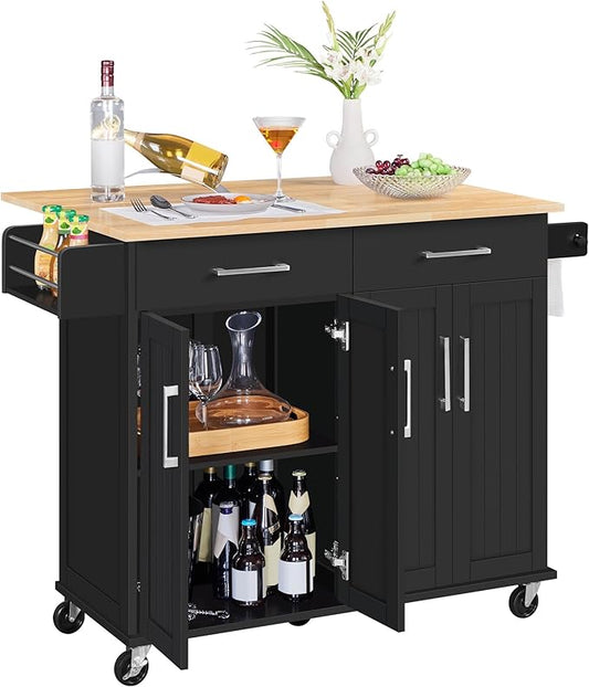 Yaheetech Kitchen Island Cart with Drop Leaf, 49" Rolling Island Table with Storage, Drawer, Kitchen Cart with Rubberwood Top, Detachable Towel & Spice Rack, Black
