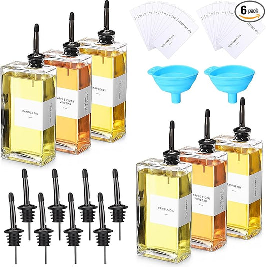 6 Sets Olive Oil Dispenser Bottles for Kitchen with Nozzles Funnel Labels Cooking Oil Dispenser 500ml Set for Kitchen Vinegar Coffee Syrup (Black)