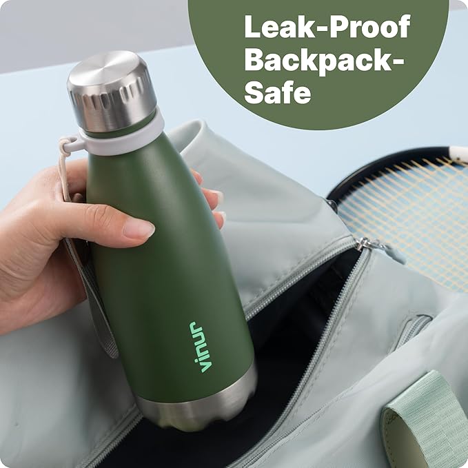 VINUR Kids Water Bottle-12 oz Stainless Steel Double Wall Vacuum Insulated Water Bottle for School-Cola Shape Flask with Carry Rope(Grass Green)