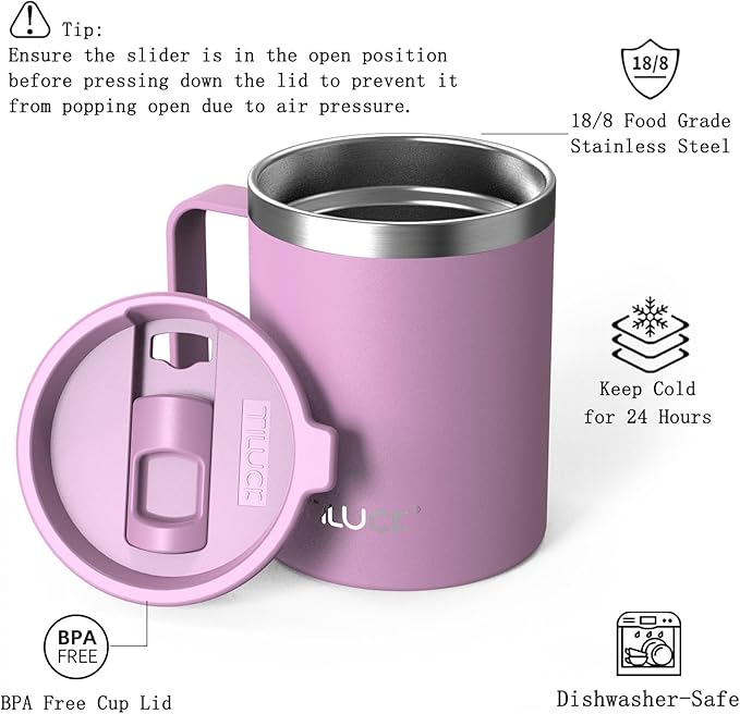 TILUCK 12 oz Insulated Coffee Mug with Lid,Stainless Steel Travel Mug Cup with Handle for Hot or Cold Drinks (Lilac, 12oz)