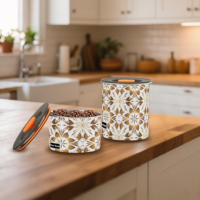 ALAZA Gold Geometric Flower Floral Kitten Cats Airtight Coffee Bean Canister Customed 900ml Food Storage Containers with Lids For Gournd, Tea, Sugar, Flour, Rice, Cereal, Candy Cookie Jar