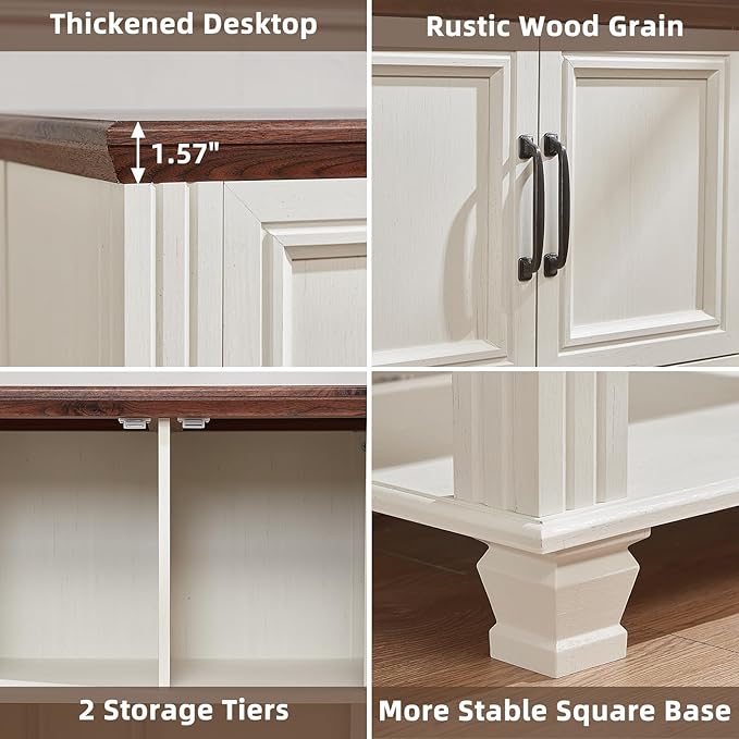 Farmhouse Coffee Bar Table with 2-Door Cabinet, Kitchen Storage Cabinets with Open Shelf, Coffee Station for Dining Room, Kitchen, Hallway, Living Room, White