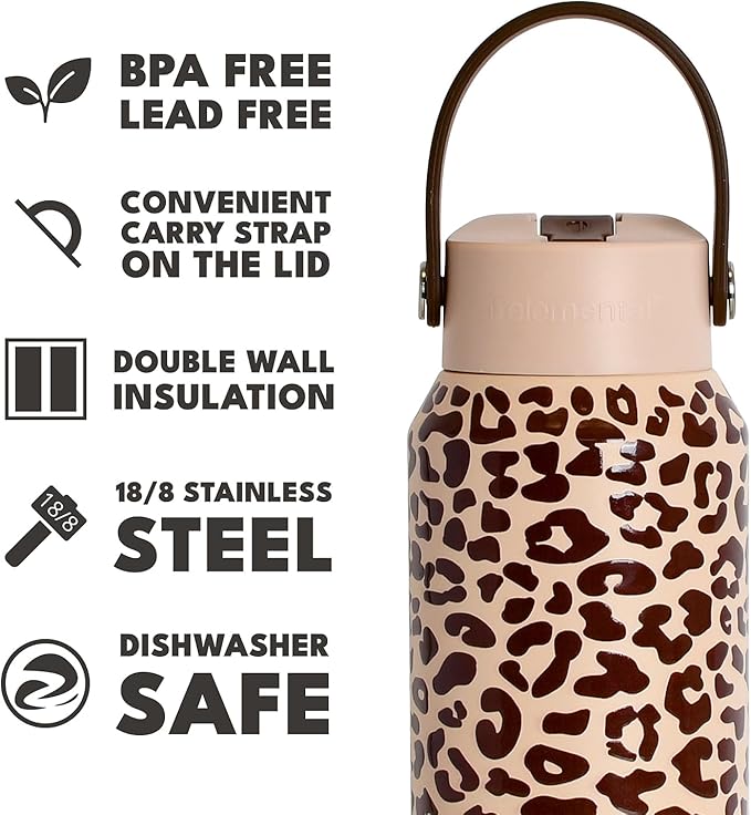 Elemental 40oz Insulated Water Bottle with Straw - 100% Leak-Proof Stainless Steel Core Water Bottles for Travel, Sports and Gym - Double Wall Insulation & BPA Free - Beige Leopard