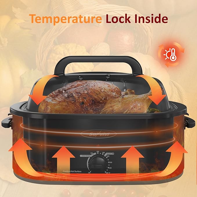 Sunvivi Electric Roaster, 26 Quart Electric Roaster Oven with Self-Basting Lid, Turkey Roaster Oven Buffet with Removable Pan, Cool-Touch Handles, Black