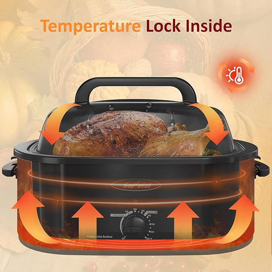 Sunvivi Electric Roaster, 26 Quart Electric Roaster Oven with Self-Basting Lid, Turkey Roaster Oven Buffet with Removable Pan, Cool-Touch Handles, Black
