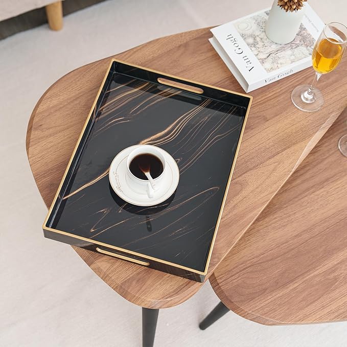 Set of 2 Serving Tray,Plastic Marble Coffee Table Tray 18.9"x13.7"x1.6"/15.7"x11.8"x1.6" Food Trays for Eating on Lap Coffee Tray with Handles Rectangular Decorative Trays,Tea Trays for Serving