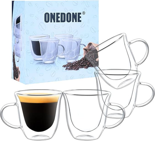 ONEDONE Small Espresso Cups Set of 4 - Double Walled Glass Espresso Shots Cup 2.8 OZ Thermo Insulated Glass Cups with Handle Clear Demitasse Cup for Expresso Machine