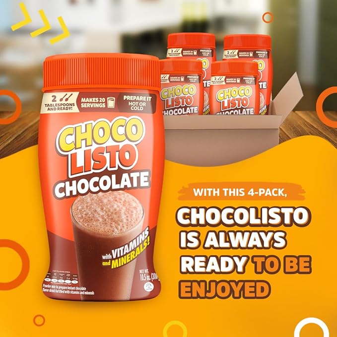 Chocolisto Instant Chocolate Drink, Nutritious Beverage with Vitamins and Minerals, 10.5 oz per Pack, Pack of 4.