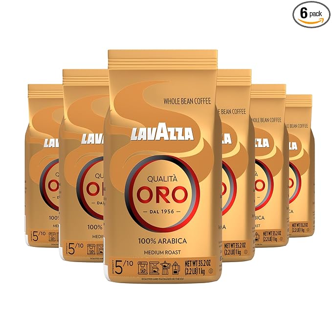 Lavazza Qualità Oro Whole Bean Coffee Blend, Medium Roast, 2.2-Pound Bag (Pack of 6)