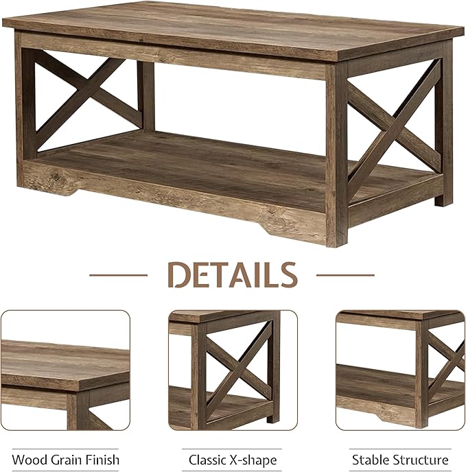 3-Piece Farmhouse Living Room Table Sets, Includes 1 x Coffee Table, 2 x End Tables with Charging Station & USB Ports, Rustic Coffee Table Set of 3, Barnwood