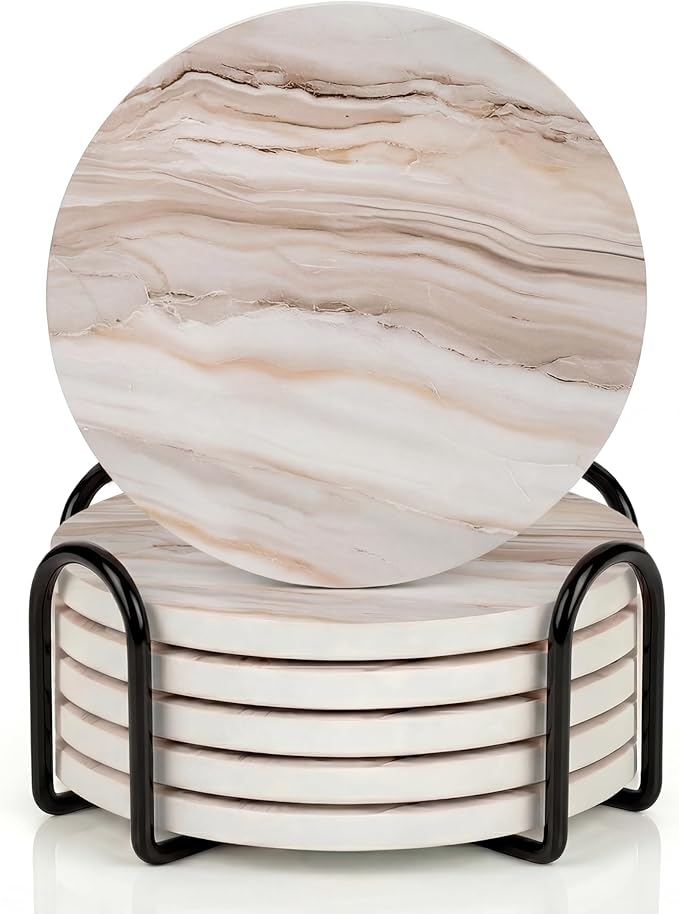 VEYRO Ceramic Coasters Set of 6 – Absorbent Stone Drink Coasters with Holder, Non-Slip Cork Backing, Modern Marble Look Coasters for Coffee Table, Desk & Home Decor