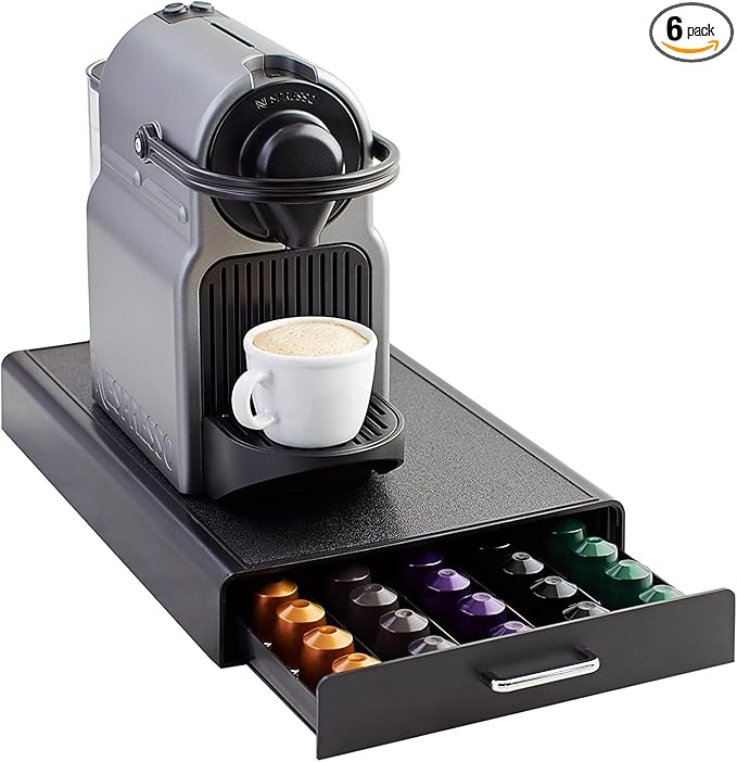 Amazon Basics Nespresso OriginalLine Coffee Pod with 1 Storage Drawer Holder, 50 Capsule Capacity, Black (Pack of 6)