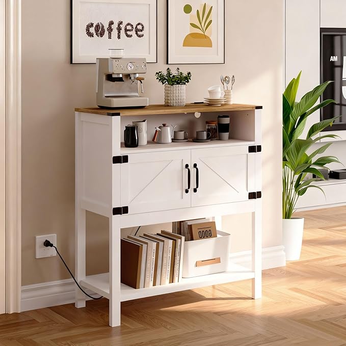 Console Table with Outlets, Farmhouse Coffee Bar Cabinet, 31.5 l x 13.8 D x 35.5 H, Entryway Table with Storage Cabinets for Living Room, Couch, Hallway, Foyer, Kitchen (White)
