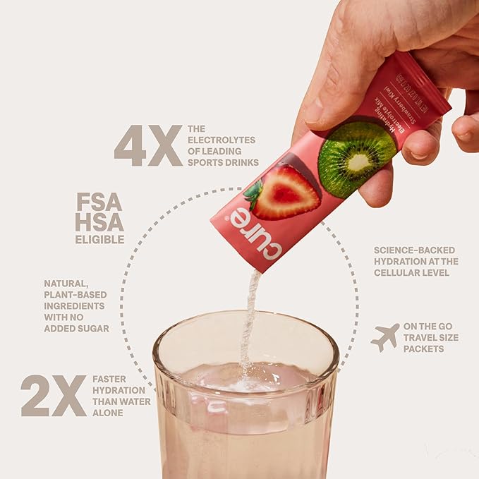 Cure Hydration | Plant-Based Electrolyte Drink Mix | No Added Sugar | FSA-HSA | Dehydration Relief Powder Made with Coconut Water | Non-GMO | Vegan | Box of 8 Packets - Blood Orange
