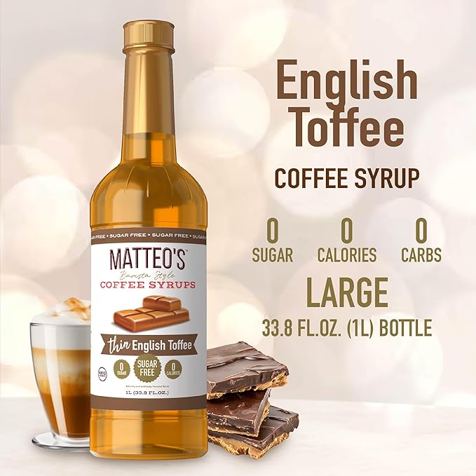 Matteo's English Toffee Syrup for Coffee, Lattes, Cappuccinos & Desserts – Sugar-Free Sweetener for Beverages, Keto Friendly, Zero Calories, Indulgent Flavor, Non-Alcoholic, 33.8oz (6pk)