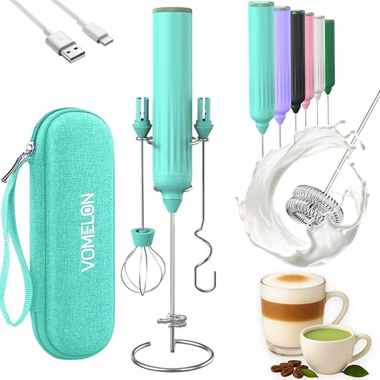 Milk Frother Handheld with 3 Stainless Steel Whisks, Rechargeable Electric Drink Mixer with Stand & Travel Case, Milk Foamer for Coffee, Latte, Cappuccino, Hot Chocolate, Egg,Jam Supplement-Mint
