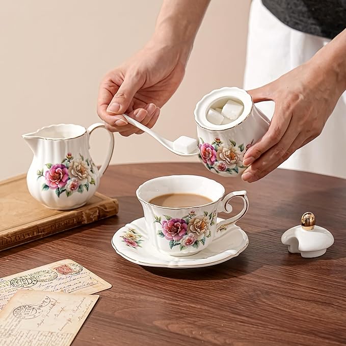Ceramic Sugar and Creamer Set, 3 Piece Set with Cream Pitcher, Sugar Bowl, Spoon (Camellia)