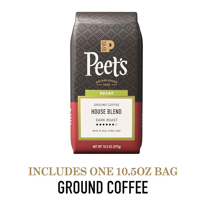Peet's Coffee, Dark Roast Ground Coffee - Decaf House Blend 10.5 Ounce Bag