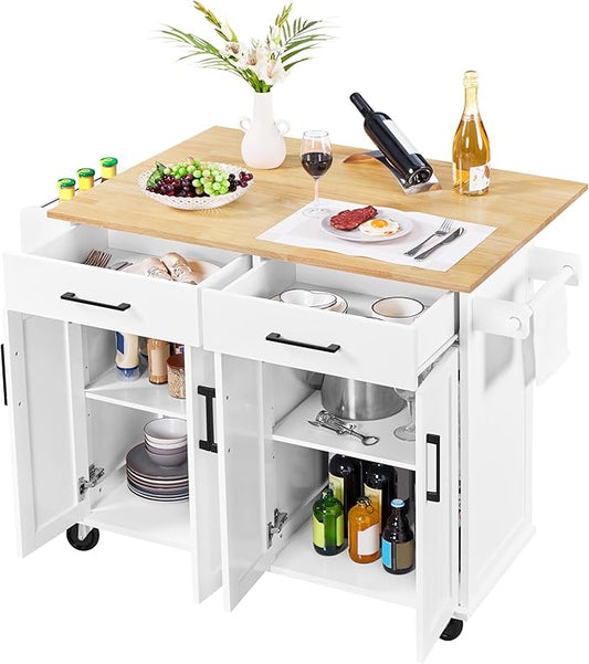 Yaheetech Kitchen Island Cart with Drop Leaf, 49" Rolling Island Table with Storage, Drawer, Kitchen Cart with Rubberwood Top, Detachable Towel & Spice Rack, White