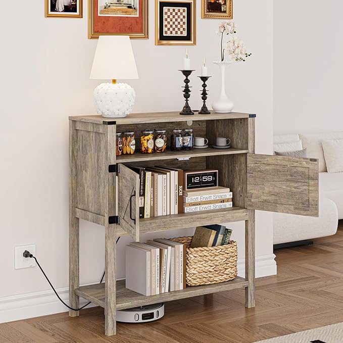 Console Table with Outlets, Farmhouse Coffee Bar Cabinet, 31.5 l x 13.8 D x 35.5 H, Entryway Table with Storage Cabinets for Living Room, Couch, Hallway, Foyer, Kitchen (Brown)