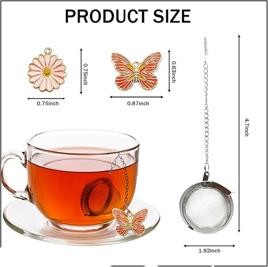 2 Pack Handmade Stainless Steel Mesh Tea Infuser with Delicate Pink Butterfly & Blossom Charm - Premium Tea Ball Strainers for Loose Leaf Tea, Elegant Tea Steeper Gifts for Tea Lovers