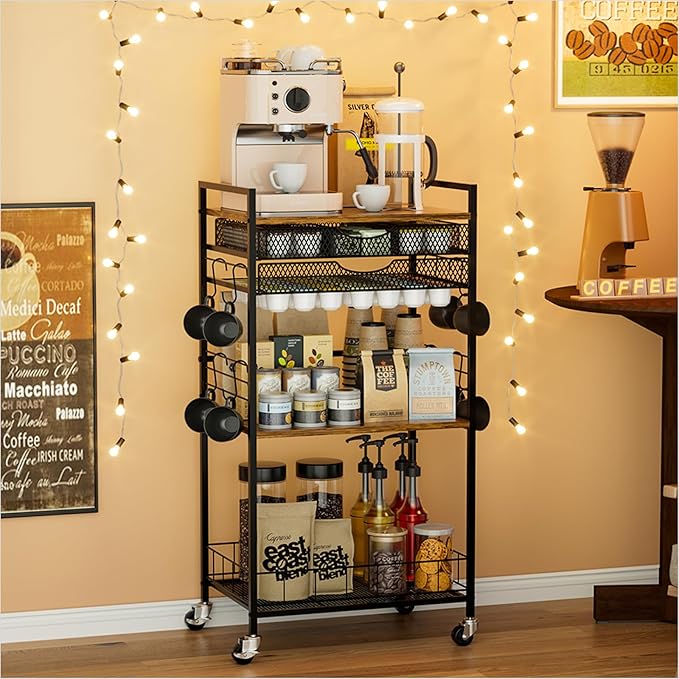 Coffee Bar Station with Storage Drawer - 5 Tier Coffee Table Countertop Organizer for K Cups, Tea Bags, Sugar Storage and Kitchen Cabinets (Brown)