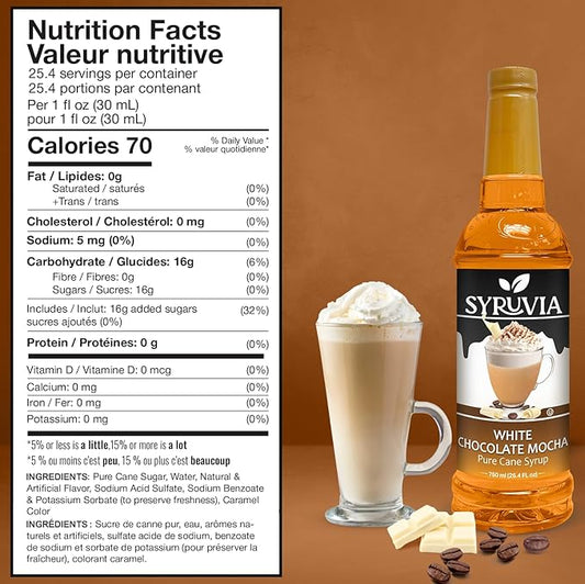 Syruvia Coffee Syrup, White Chocolate Mocha Flavored Syrup for Drinks, Lattes, and Desserts – 25.4 fl oz,