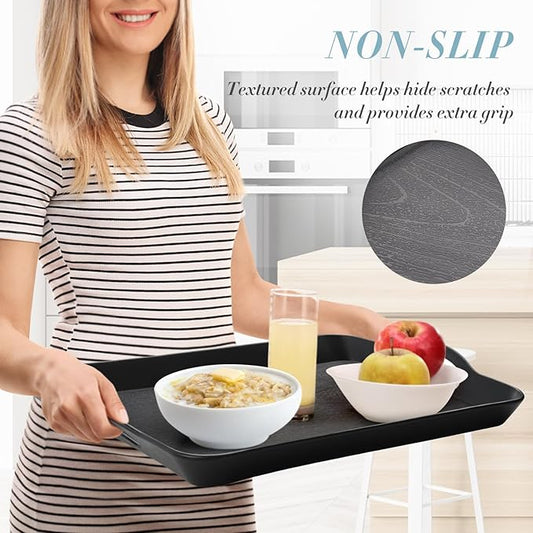 Black Serving Trays with Handles, 16 x 11 inch Rectangular Non Skid Multi-Purpose Plastic OttomanTray for Restaurant, Parties, Coffee Table, Kitchen