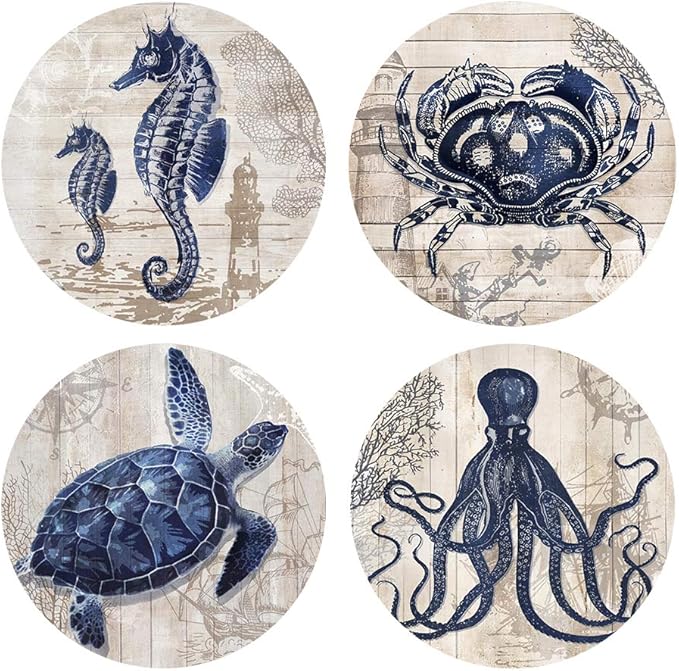 Absorbent Coasters Natural Ceramic Thirsty Stone Navy Blue Octopus Seahorse Crab Turtle Ocean Theme Coaster Set for Drinks Cork Backing (sea Animals)…