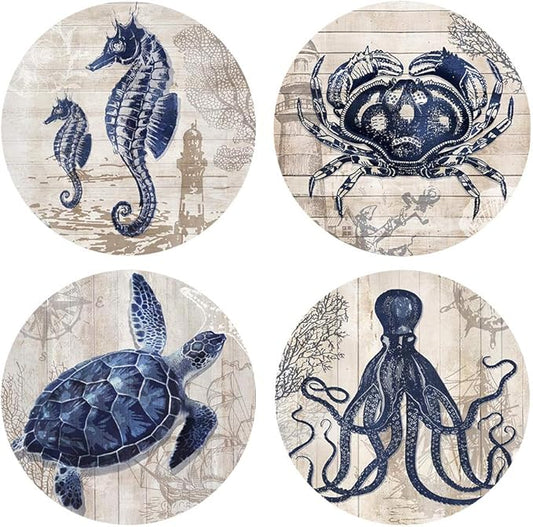 Absorbent Coasters Natural Ceramic Thirsty Stone Navy Blue Octopus Seahorse Crab Turtle Ocean Theme Coaster Set for Drinks Cork Backing (sea Animals)…