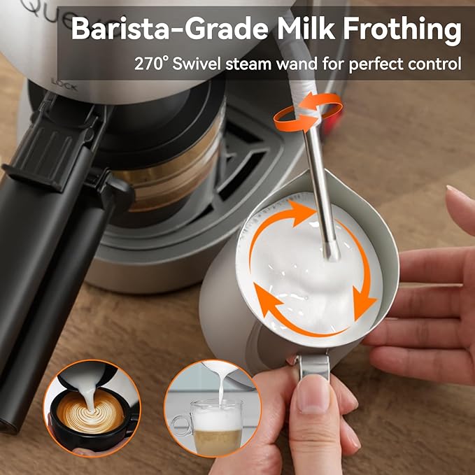 Queyd 3.5 Bar 4 Cup Espresso Cappuccino Machine, Stainless Steel Espresso Machine, Compact Expresso Machines for Home, Latte and Cappuccino Machine with Milk Frother, Dual Safety Switches, 800W