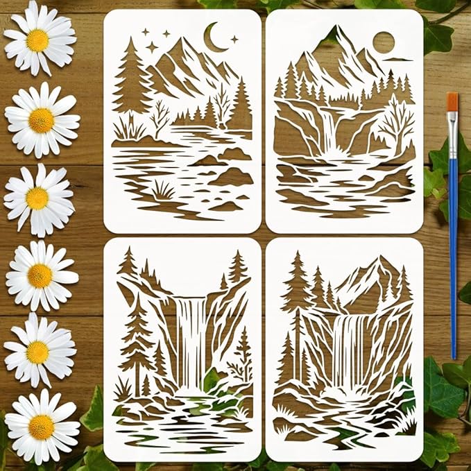 FINGERINSPIRE 4PCS Mountains Waterfalls Stencils with 1Pc Brush 8.3x11.7inch Mountain Landscape Stencils Waterfalls Nature Scenery Painting Template for Painting on Wood Wall Fabric Furniture