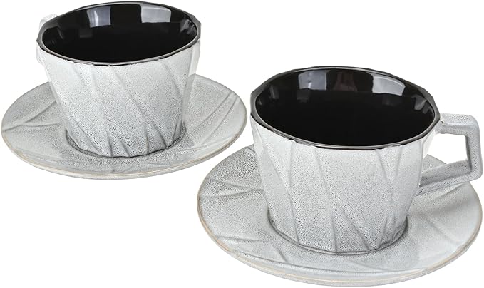 MyBudsBuzz Ceramic Espresso Cups with Saucers 6 oz,Coffe Cups for Cappuccino,Latte,Tea with Saucers Set of 2 - Geometry - Gray