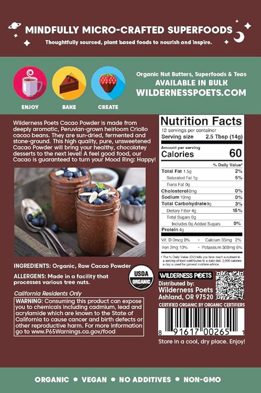 Wilderness Poets, Organic Cacao Powder. Unsweetened, 100% Peruvian Heirloom Cacao (Criollo Variety) - 6oz - 170g