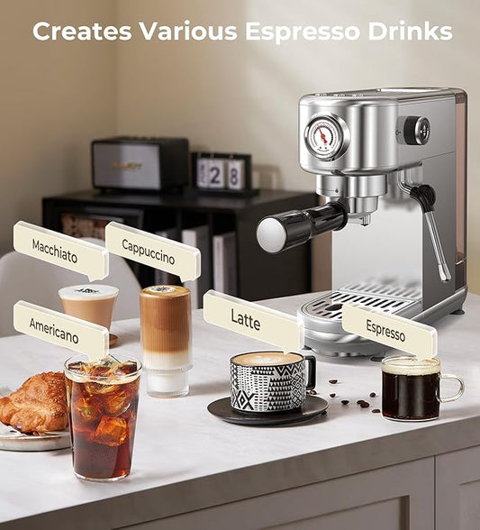 Espresso Machine with Milk Frother, 20 Bar Pressure Espresso Maker, Automatic & Manual, Compact Stainless Steel Coffee Machine for Cappuccino, Latte, Gift for Coffee Lover, Dad or Mom, Silver