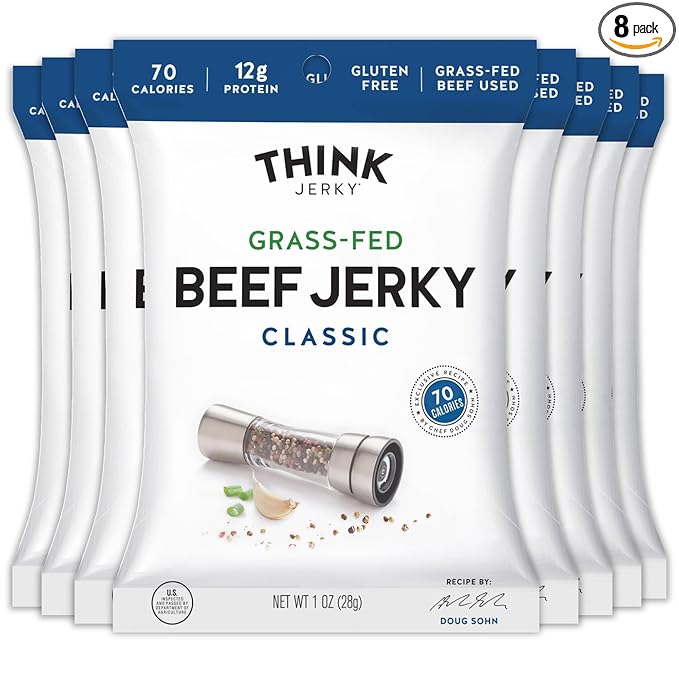 Think Jerky Classic Beef Jerky, Grass-Fed High Protein Beef, Gluten Free, No Antibiotics or Nitrates, Healthy Chef Crafted Recipe, Low Calorie and Low Fat - 1.0 oz Bags, 8 Pack