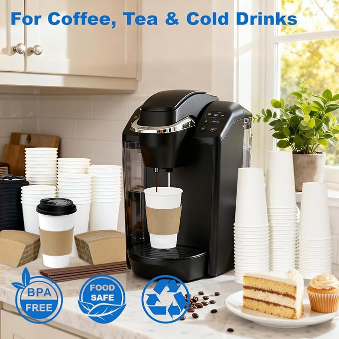Coolcap 16 oz 300 Pack Coffee Cups with Lids and Sleeves, Straws, Hot Disposable To Go Travel Paper Cups Bulk for Office, Home Coffee Bar Accessories, Chocolate, Cocoa, Beverage (White)