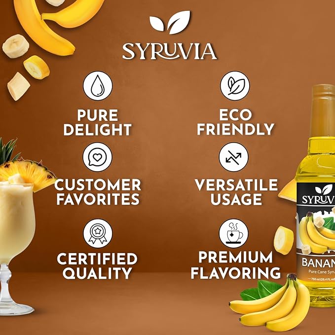 Syruvia Banana Syrup, Flavored Syrup for Drinks, Lattes, and Desserts – 25.4 fl oz,