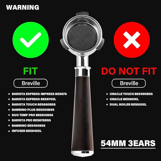 54mm Espresso Bottomless Portafilter with 3 Ear | Fits 54mm Breville/Sage Barista Espresso Machine | Stainless Steel Basket and Solid Wood Handle | Espresso Accessories