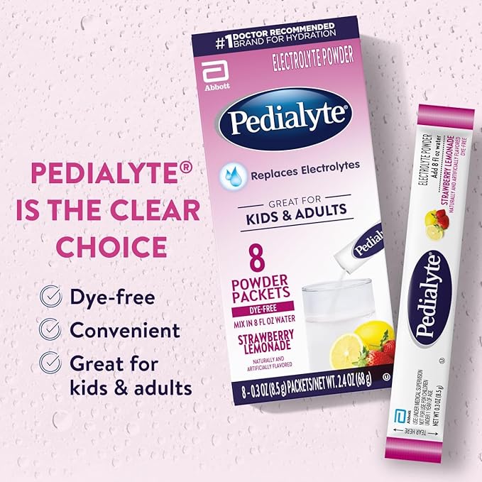 Pedialyte Electrolyte Powder, Hydration Drink for Kids & Adults, Strawberry Lemonade, 100 Powder Packets