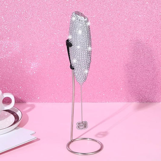 Rhinestone Milk Frother with Stand Sparkly Handheld Battery Operated Electric Foam Maker with Bling Handle, Single Coil Head Whisk Coffee Drink Mixer for Lattes Matcha(Silver)