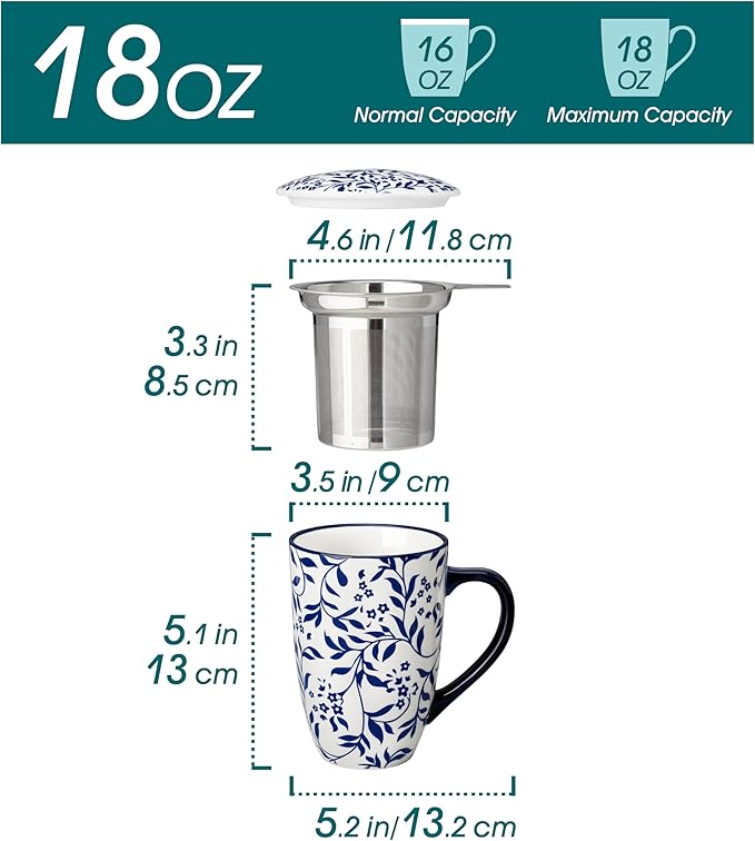 vancasso SELENE Porcelain Tea Mug, 18 oz Porcelain Tea Cup with Infuser and Lid Steeps Loose Leaf Tea, Microwave & Dishwasher Safe, Delicate Floral