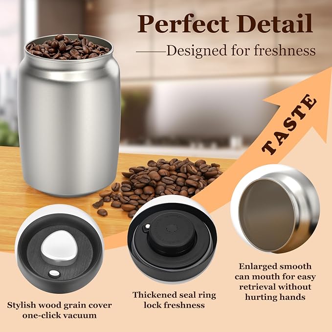 Coffee Vacuum Canister,800ml/10.7oz Stainless Steel Coffee bean Container,Food Storage Container with Airtight Lid,Push Out Excess Air Preserve Food Freshness