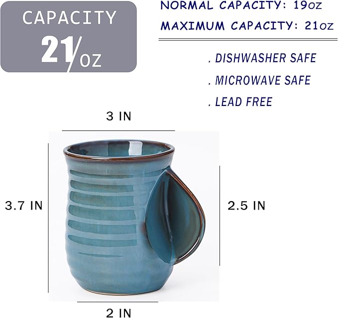 Mkour 21oz Large Ceramic Coffee Mugs, Handmade Tea Cups with Comfortable Handle for Office and Home, Microwave and Dishwasher Safe (Blue)