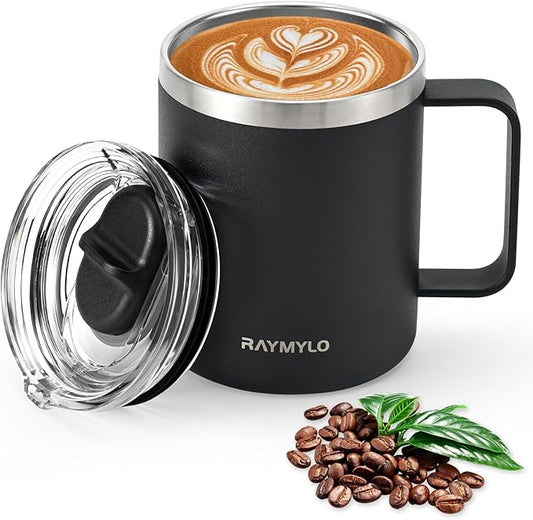 Insulated Coffee Mug 12 oz, Double Wall Stainless Steel Coffee Mug with Lids, Leak-Proof & Detachable Slider Lid for Thorough Clean, Keeps Coffee Cold for 9 Hrs, Suitable for Camp Home Office