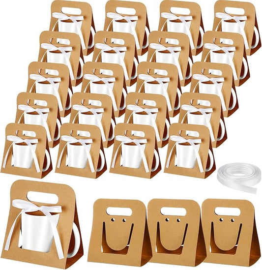 Motipuns 24 Pack Mug Boxes for Gifts 11 oz Coffee Mug Gift Boxes with 1 Roll Ribbon Sublimation Cups Packaging Bags for Sublimation Coffee Cups Blanks Wrapping(Brown)