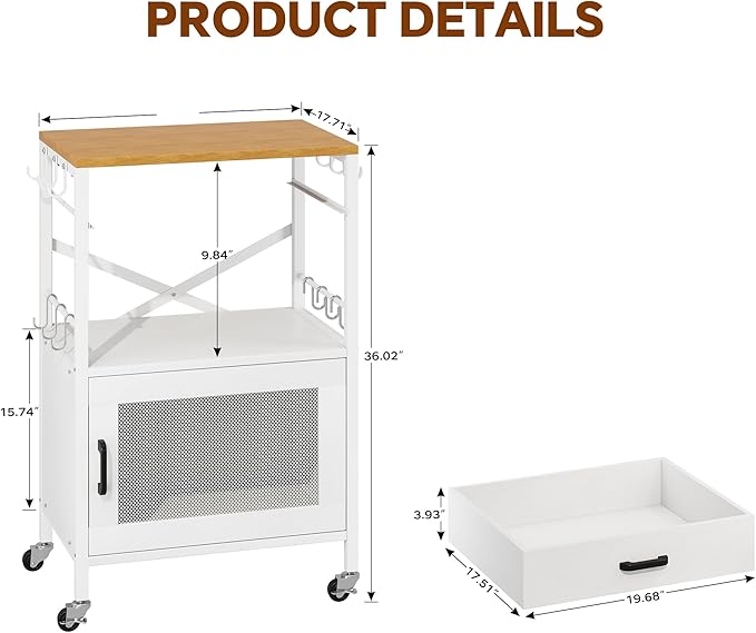 Homeiju Kitchen Island Cart, Kitchen Storage Cart with Drawer, Microwaves Stand, Coffee Cart, Rolling Kitchen Cabinet Cart with Hooks for Kitchen, Dining Room, White